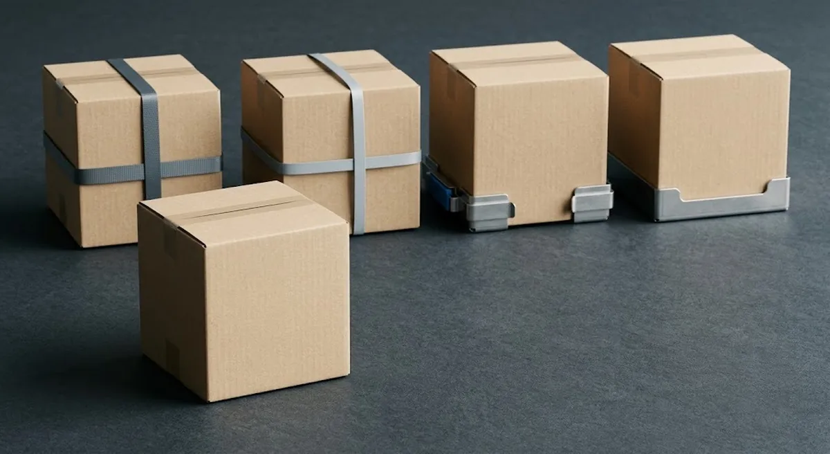 Bốn thùng carton được giữ bằng các cách khác nhau và thùng thứ năm đứng tự do