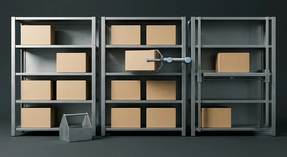 三つの棚のうち、右の棚だけ荷が棚の中で持ち上げられている様子